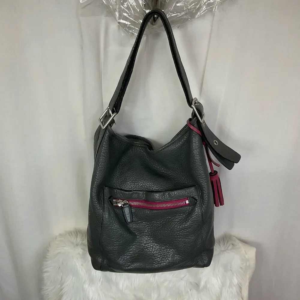 Coach Women's Gray Pebbled Leather Zip Top Shoulder Hobo Bag